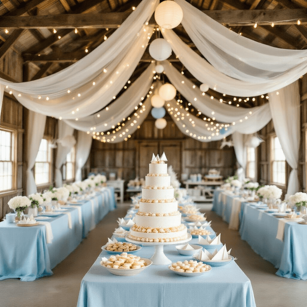 Sailboat Birthday Party: The Ultimate Nautical Celebration Guide A whimsical first birthday celebration in a rustic barn transformed into a sailboat wonderland, featuring pastel blue and white decor with yellow accents, ombre blue table linens, white hydrangea centerpieces, a canopy of sheer fabric resembling sails, a dessert cart with a life preserver cake, nautical-themed treats, and a photo booth with a hand-painted wave backdrop and a wooden rowboat filled with plush sea creatures.