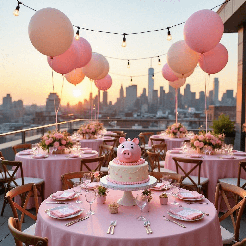 Peppa Pig Birthday Party: The Ultimate Guide to Creating a Magical Celebration An elegant rooftop terrace set for a Peppa Pig soirée at sunset, featuring blush pink linens, floral arrangements with pig-eared accents, a central dessert station with a fondant-covered Peppa cake, oversized pastels balloons, and warm string lights against a cityscape backdrop.