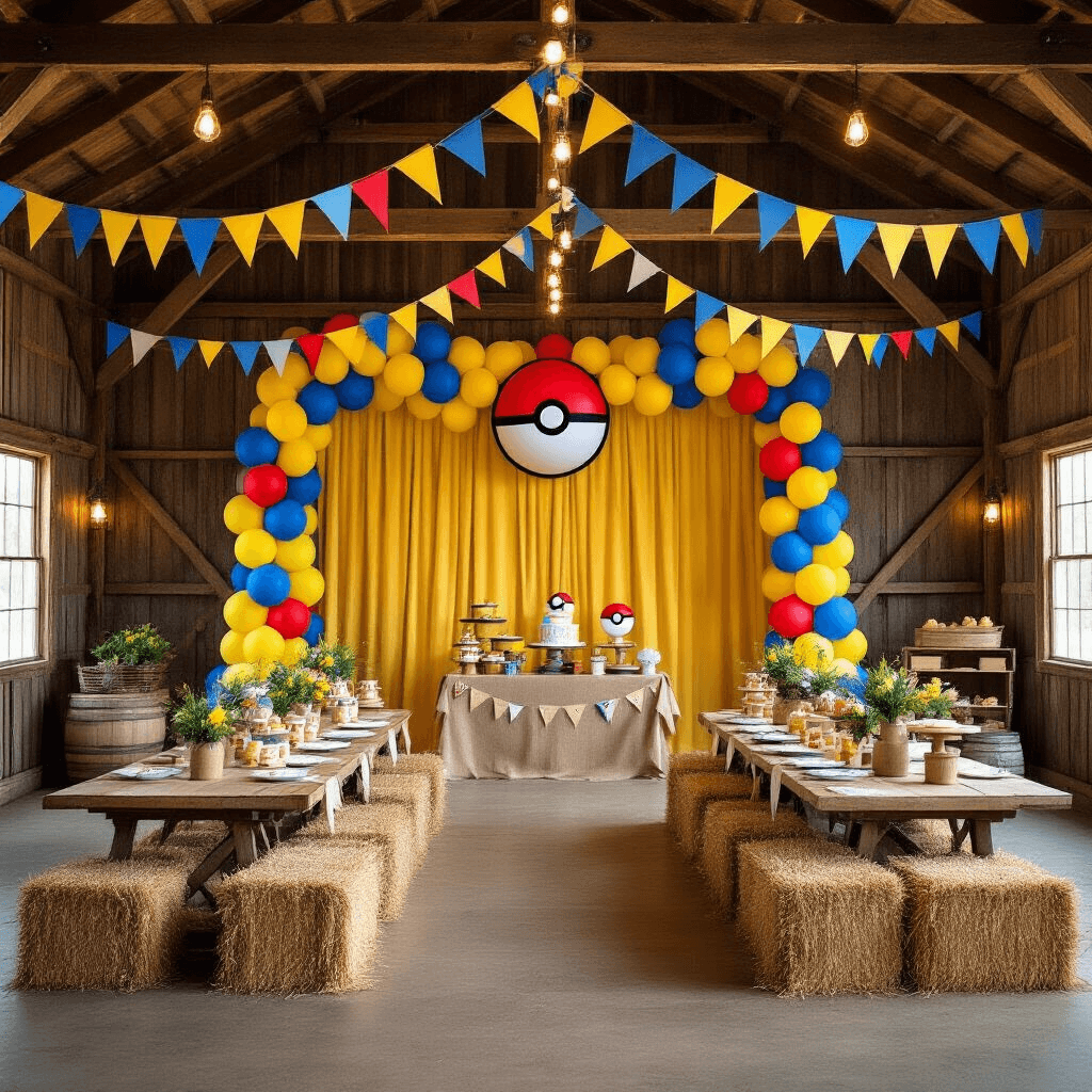 Epic Pokémon Birthday Party: Your Ultimate Guide to Creating a Legendary Celebration A transformed rustic barn interior for a grand Pokémon celebration featuring yellow and blue bunting, a balloon garland at the entrance, long farmhouse tables with burlap runners and woodland-inspired centerpieces, a Pokéball throwing challenge with hay bales, and a dessert cart with Pokémon-themed treats, all illuminated by soft string lights and lanterns.