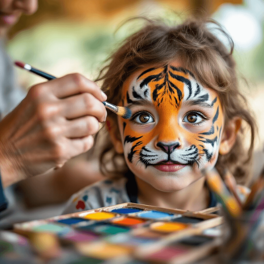 Safari Birthday Party: The Ultimate Guide to a Wild Celebration A close-up of a child's amazed face during a safari face painting activity, featuring blurred motion of the artist's hand applying intricate tiger stripes, with soft lighting and colorful bokeh from face paints and safari-themed decorations reflected in the child's eyes.