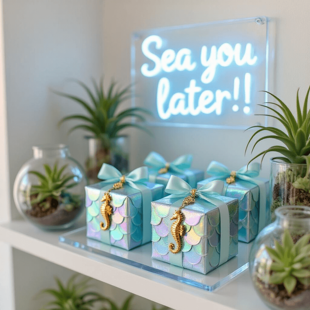 Magical Seahorse Birthday Party: A Whimsical Underwater Celebration Guide A luxe seahorse party favor display features iridescent gift boxes wrapped in fish scale-like paper, tied with silk ribbons and topped with gold seahorse charms, alongside delicate air plants in glass terrariums, all highlighted by a neon sign reading 'Sea you later!' against crisp white walls.