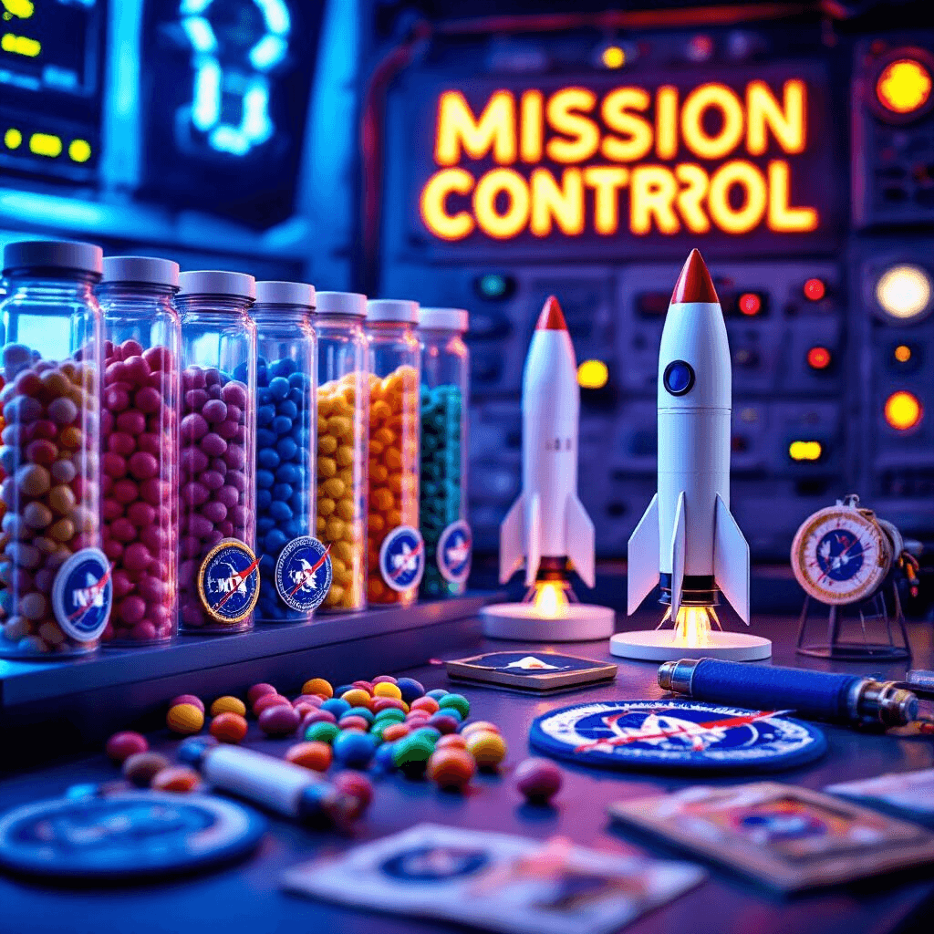 Out of This World: The Ultimate Guide to Creating a Stellar Rocket Birthday Party An intimate detail shot of a 'Mission Control' party favor station featuring neon blue lighting, with custom-labeled tubes of colorful candies resembling rocket fuel canisters, a personalized mission patch making station with embroidery materials, and 3D-printed rocket party favors, all set against a backdrop of foam board control panels with blinking LED lights.