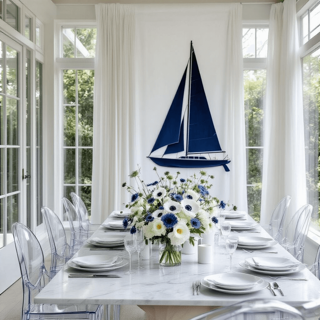 Sailboat Birthday Party: The Ultimate Nautical Celebration Guide A luxurious sailboat-themed celebration space featuring a marble-topped table with white plates and crystal stemware, a floral centerpiece of white anemones and blue thistles, modern Lucite ghost chairs, and a backdrop of sheer white curtains with a navy blue sailboat silhouette. A marble bar cart displays artisanal gin bottles and crystal decanters.