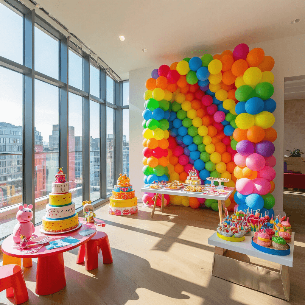 Peppa Pig Birthday Party: The Ultimate Guide to Creating a Magical Celebration A vibrant indoor Peppa Pig birthday party in a modern apartment with floor-to-ceiling windows, featuring a rainbow balloon garland backdrop, colorful activity stations, and a dessert table overflowing with treats, all captured from a corner angle.