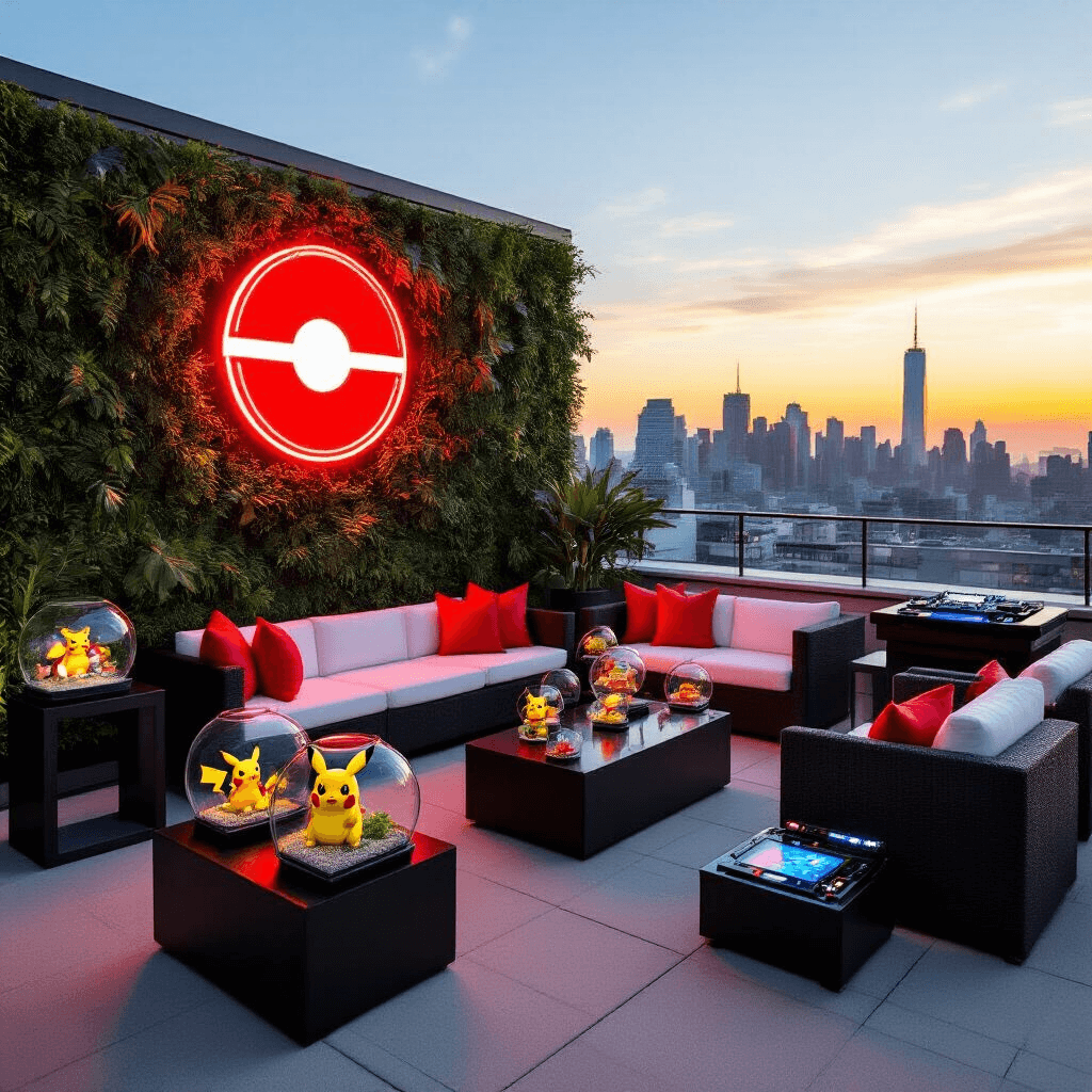 Epic Pokémon Birthday Party: Your Ultimate Guide to Creating a Legendary Celebration A stylish rooftop terrace set for a sophisticated teen Pokémon party at golden hour, featuring modern black and white lounge furniture with red accents, a neon Pokémon sign on a living wall, glass terrariums with miniature Pokémon scenes as centerpieces, a Pokédex-themed DJ booth, and a 'Battle Arena' for gaming, all against a stunning city skyline backdrop.