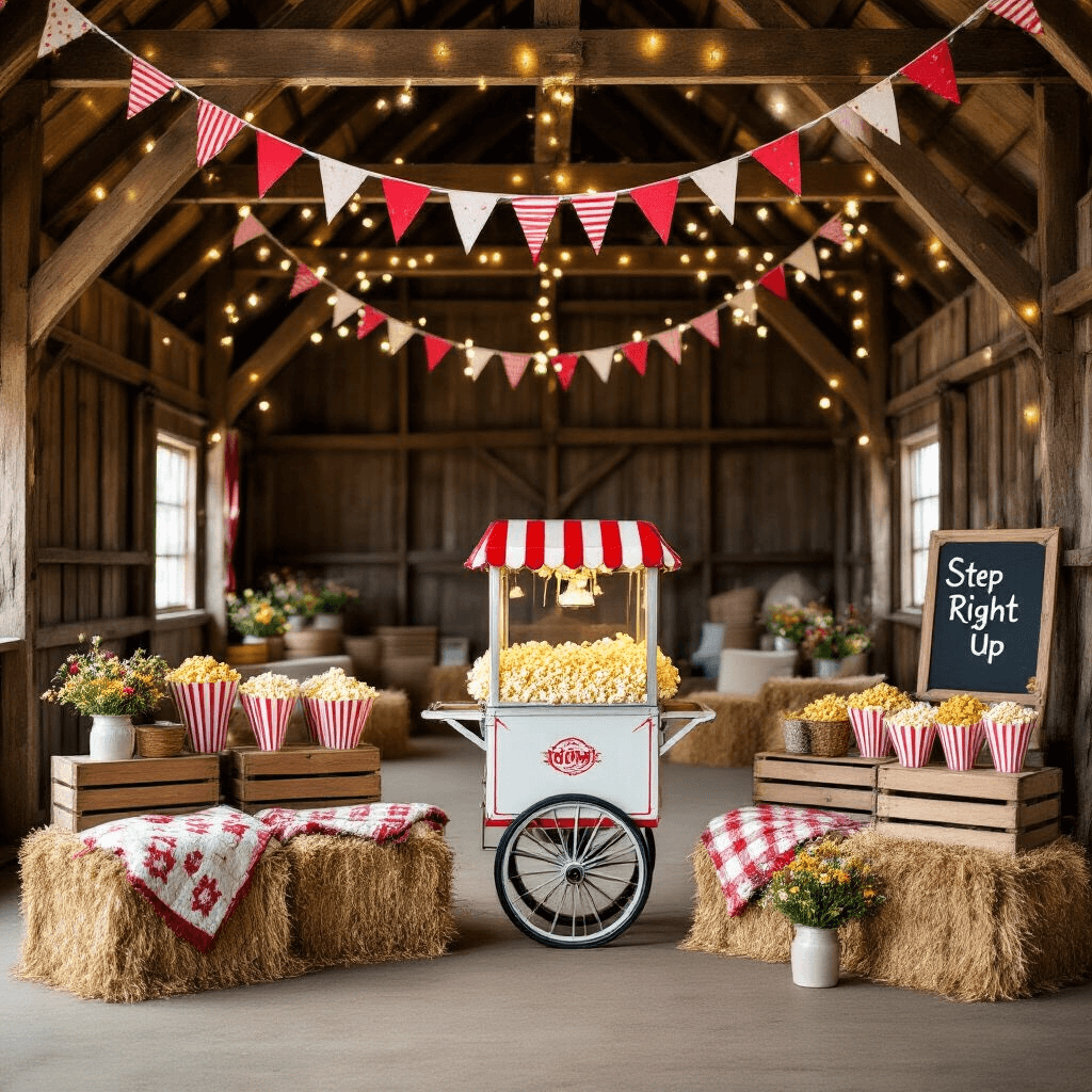 Popcorn Birthday Party: The Ultimate Celebration Guide for Snack-Loving Hosts A nostalgic carnival-themed popcorn party in a charming barn, featuring a vintage popcorn cart, cozy quilt-topped hay bales, rustic wooden crates of flavored popcorn, twinkling fairy lights, and a 'Step Right Up' chalkboard sign amidst a backdrop of weathered wood and wildflower-filled mason jars.