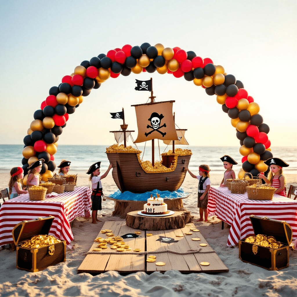 Arrr, Matey! Your Ultimate Guide to a Jaw-Dropping Pirate Birthday Party A vibrant pirate-themed birthday celebration on a sunlit beach, featuring a cardboard pirate ship centerpiece, striped table linens, treasure chests filled with chocolate coins, a balloon arch, and children playing 'Walk the Plank' under golden hour lighting.
