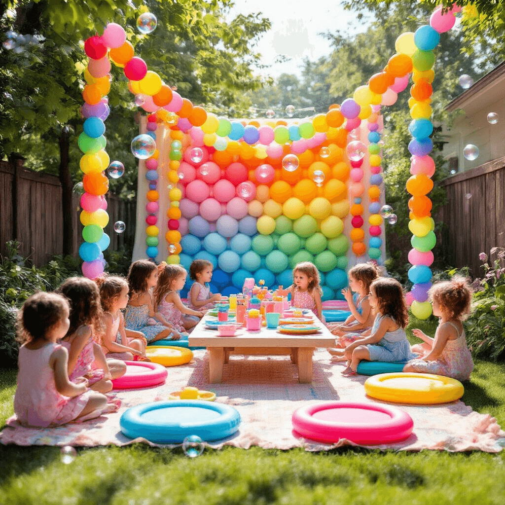 Pop It Birthday Party: The Ultimate Sensory Celebration Guide A lively backyard scene filled with rainbow balloon garlands and a handmade Pop It backdrop, featuring children excitedly playing with giant floor Pop Its around a colorful picnic setup with silicone placemats, all under a sunlit sky with floating bubbles.
