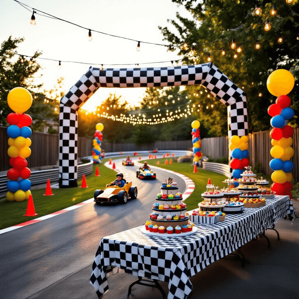 Race Car Birthday Party: The Ultimate Guide to a High-Octane Celebration A vibrant backyard transformed into a race car wonderland at golden hour, featuring a checkered flag archway, a winding racetrack with orange traffic cones, balloon towers, fairy lights overhead, and a buffet table with a tire-shaped cake and colorful cupcakes, as children in mini cardboard race cars zoom by.