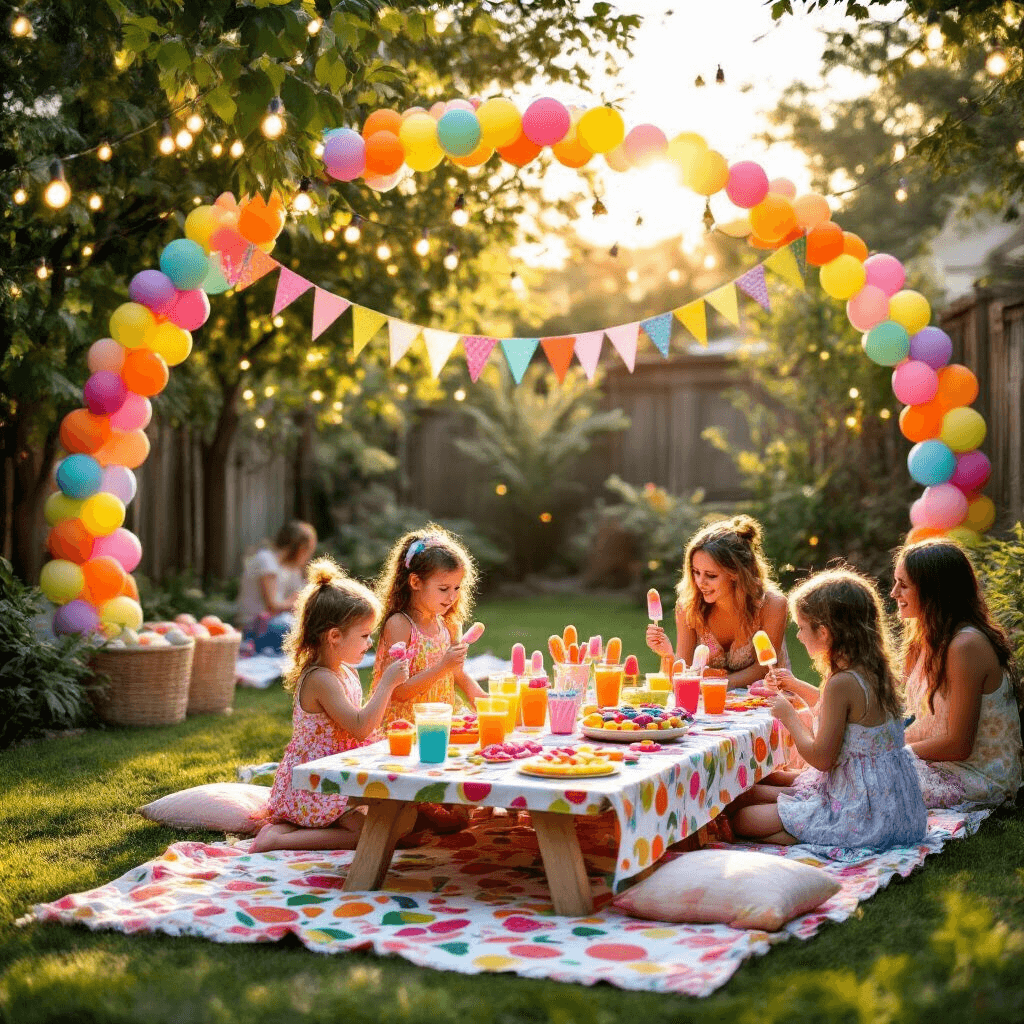 π‘ Popsicle Party Paradise: The Ultimate Summer Celebration Guide π A vibrant backyard party scene during golden hour with a DIY popsicle bar, colorful treats, rainbow garlands, balloon arches, children decorating popsicles at a low table, adults on picnic blankets enjoying boozy popsicles, and twinkling fairy lights creating a magical atmosphere.