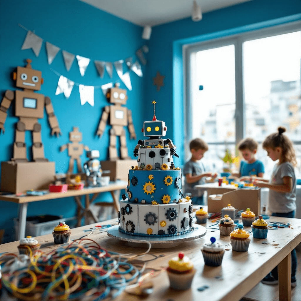 Robot Birthday Party: An Unforgettable Tech-Tastic Celebration for Young Innovators A wide shot of a vibrant tech-inspired birthday party in a modern apartment, featuring bright blue walls with cardboard robot cutouts and metallic silver banners. A central table displays a tiered robot-themed birthday cake and gear-shaped cupcakes, while soft daylight filters through large windows. In the background, children build robots from recycled materials at activity stations. The foreground captures a colorful craft table with scattered wires, googly eyes, and shiny foil.