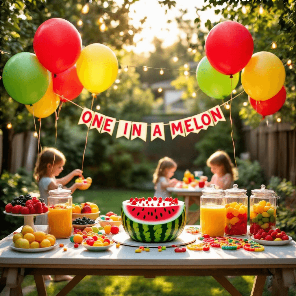 Burst of Color: How to Create the Ultimate Fruit-Themed Birthday Party That Will Make Everyone Smile A vibrant backyard scene featuring a watermelon-shaped birthday cake on a tablescape, surrounded by fruit-shaped balloons and a 'One in a Melon' banner. A DIY smoothie bar with colorful fruit dispensers is in the foreground, as children craft fruit loop necklaces at a low table. Fairy lights and golden hour light enhance the whimsical atmosphere.