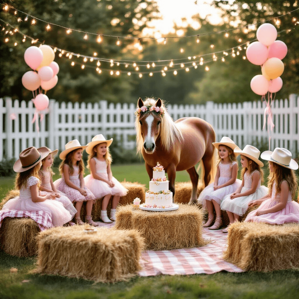 Magical Pony Birthday Party: A Complete Guide to Creating Unforgettable Childhood Memories A whimsical backyard party featuring a gentle pony with a flower crown, surrounded by children in cowboy hats and tutus, hay bale seating with gingham blankets, a dessert table with a tiered cake, and twinkling fairy lights overhead at golden hour.