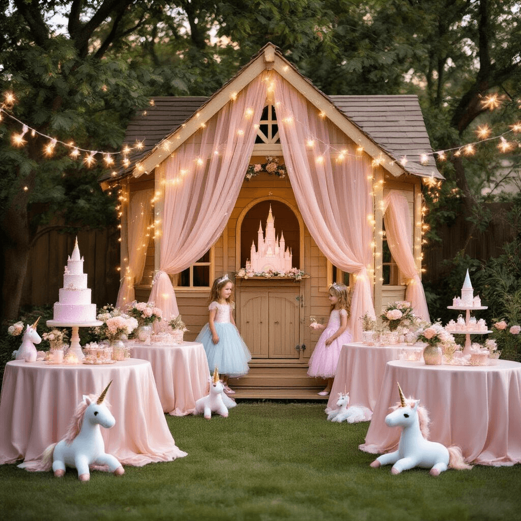 The Ultimate Playhouse Birthday Party: A Magical Celebration Guide A whimsical backyard party featuring a wooden playhouse decorated with pink drapery and fairy lights, surrounded by tables with blush silk linens and floral centerpieces, a castle-shaped cake display, plush unicorns, and children in princess costumes, all bathed in soft golden hour lighting.