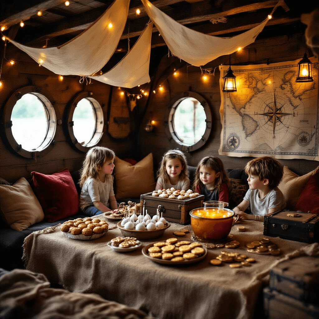 Arrr, Matey! Your Ultimate Guide to a Jaw-Dropping Pirate Birthday Party A cozy pirate-themed living room party scene features kids gathered around a low burlap-covered table with cake pops and cookies, illuminated by fairy lights and lanterns. DIY paper sails hang from the ceiling, and vintage maps decorate the backdrop, creating an intimate ship's cabin atmosphere.