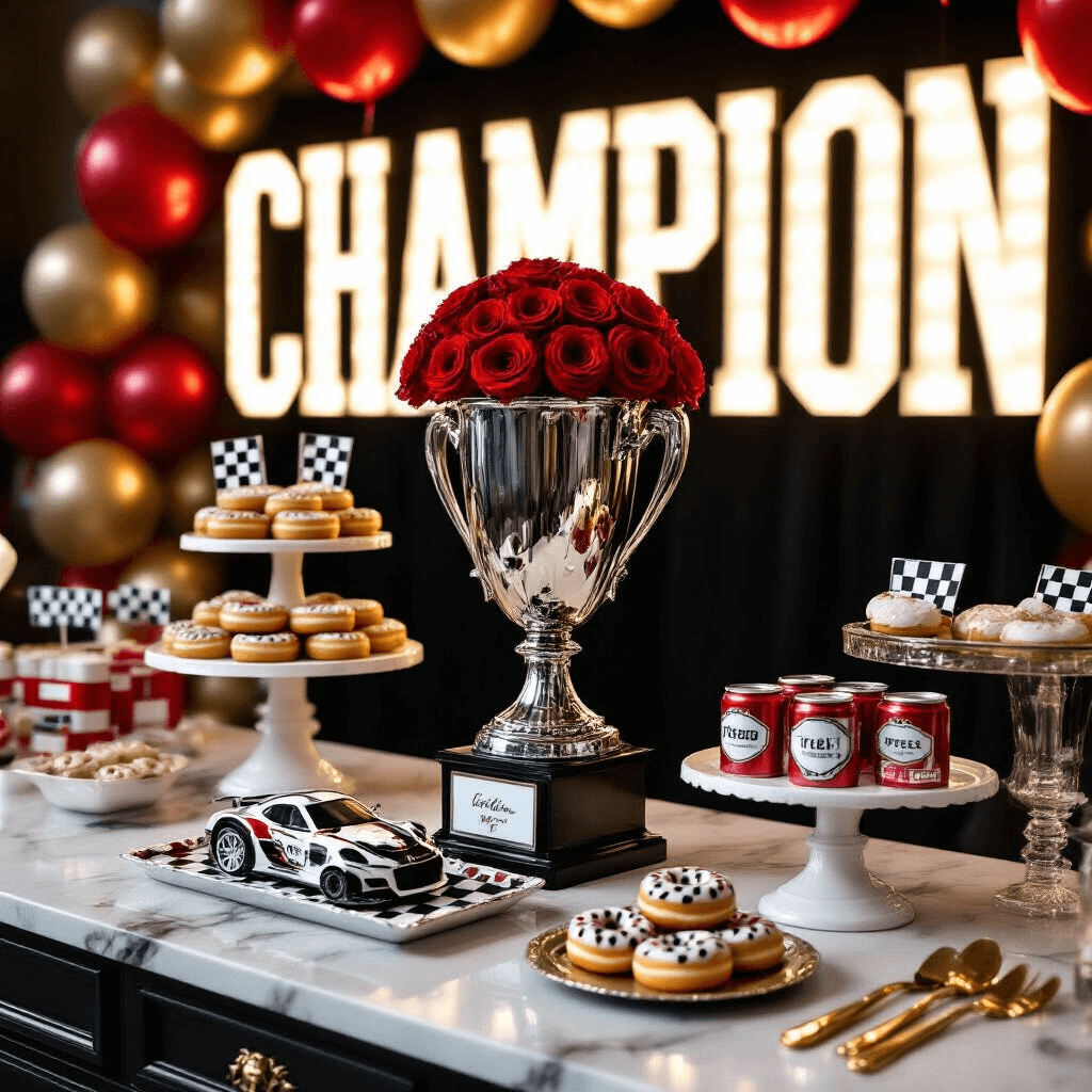 Race Car Birthday Party: The Ultimate Guide to a High-Octane Celebration Close-up of an elegant race car-themed dessert table featuring a silver trophy filled with red roses, checkered flag cookies, tire-shaped donuts, race car cake pops, and fuel can juice boxes, with a warm LED 'CHAMPION' sign and metallic red and gold balloon garlands.