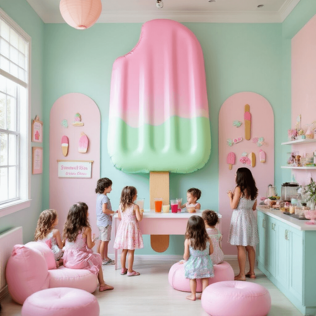π‘ Popsicle Party Paradise: The Ultimate Summer Celebration Guide π Indoor playroom decorated in pastel pink, mint green, and lavender, featuring a giant popsicle balloon sculpture as a photo booth. Children enjoy a smoothie bar with a parent blending fruits, surrounded by handmade signs and popsicle stick crafts, all captured from an overhead view.