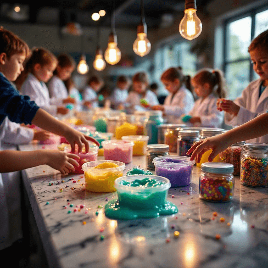 Epic Science Birthday Party: The Ultimate Guide to a Jaw-Dropping Experimental Celebration! Close-up of a marble countertop at a 'Slime Laboratory' station, covered in neon-colored slime and surrounded by jars of glitter and mix-ins, with small hands reaching in to play. Warm light from Edison bulbs illuminates the shiny slime, while blurred figures of kids in lab coats are visible in the background.