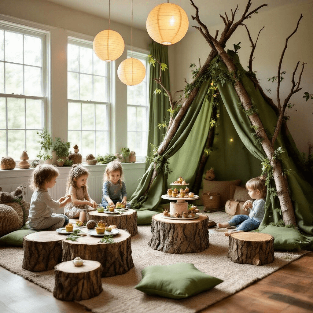 The Ultimate Playhouse Birthday Party: A Magical Celebration Guide A cozy living room celebration with a Woodland Adventure theme, featuring a fort made of branches, tree stump cushions, leaf-shaped plates, and acorn cups, set in soft morning light. A dessert cart displays woodland creature cupcakes and a birch log cake, while paper lanterns resembling fireflies hang from the ceiling, capturing children at play.