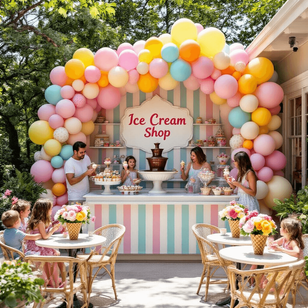 The Ultimate Playhouse Birthday Party: A Magical Celebration Guide A vibrant outdoor ice cream shop party featuring a pastel striped booth with an ice cream counter, bistro tables with sundae-shaped floral arrangements, a colorful balloon wall, and a lavish ice cream sundae bar with toppings and a chocolate fountain, filled with excited children and chatting parents.