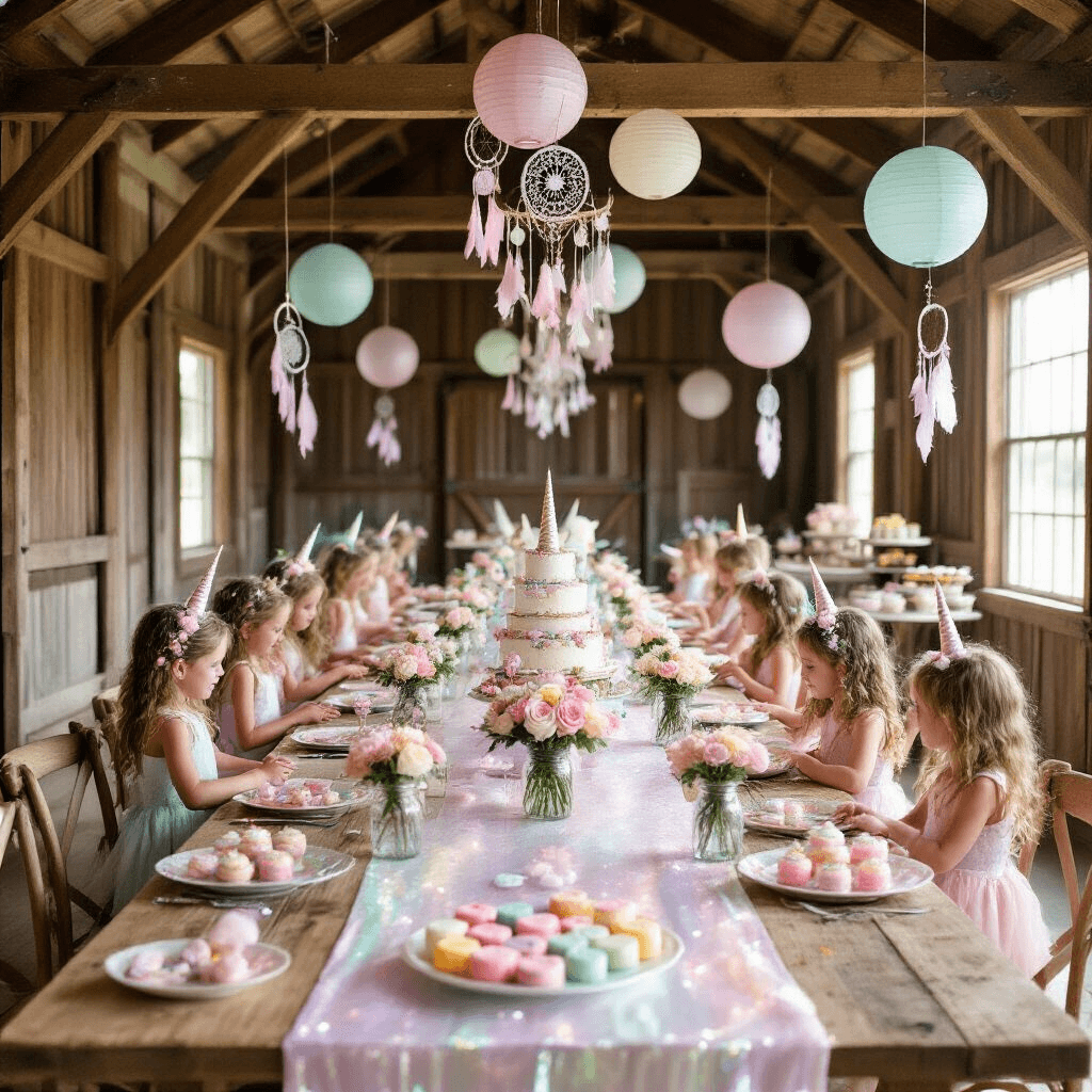 Magical Pony Birthday Party: A Complete Guide to Creating Unforgettable Childhood Memories A rustic barn transformed for a magical unicorn birthday party, featuring long wooden tables with iridescent table runners, mason jars of pastel flowers, glittering unicorn horn napkin rings, hanging paper lanterns, and a dessert cart filled with colorful sweets.