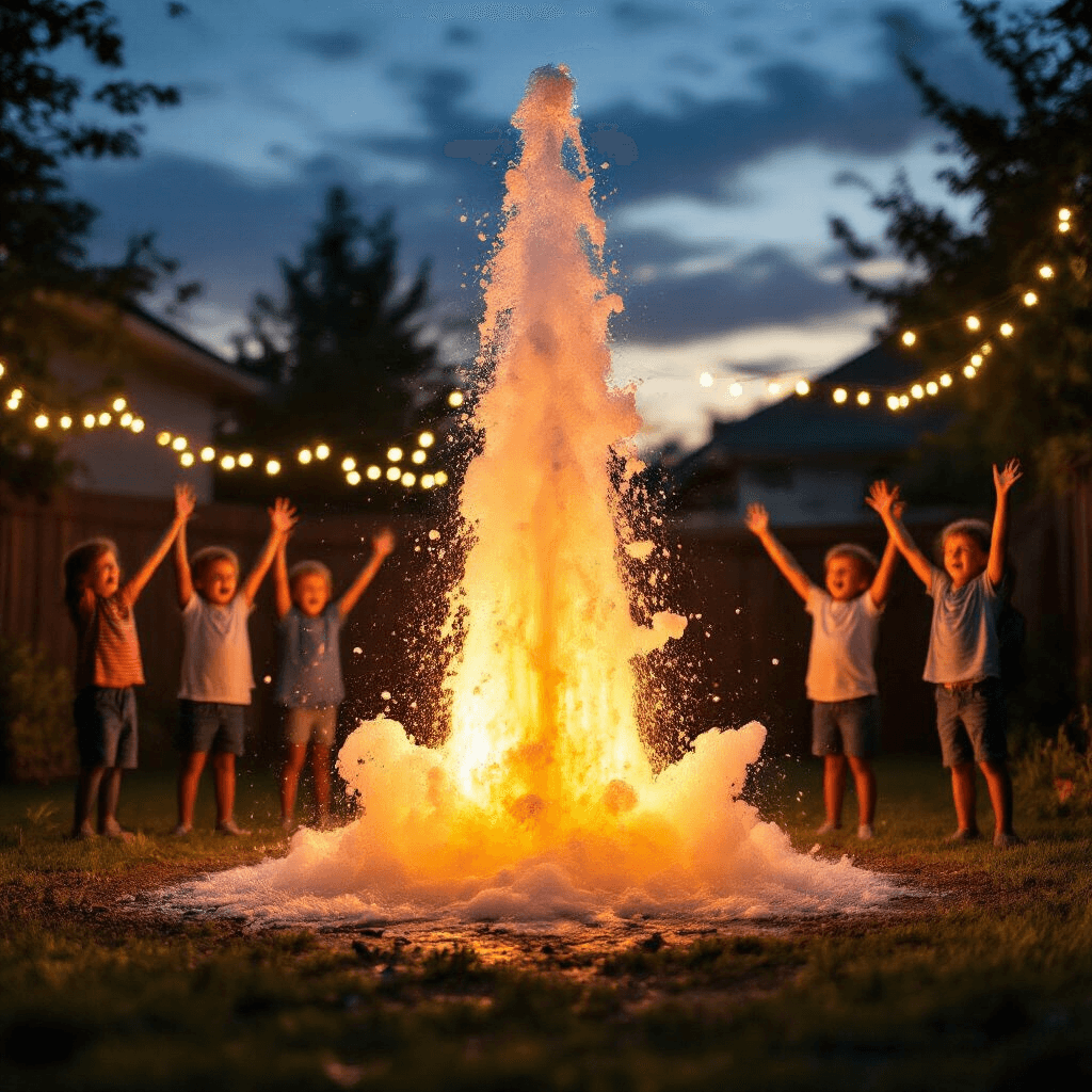 Epic Science Birthday Party: The Ultimate Guide to a Jaw-Dropping Experimental Celebration! A dramatic evening shot of the 'Mentos Soda Geyser' experiment with a fizzy soda eruption shooting skyward, silhouetted children cheering with arms raised, twinkling fairy lights in the background, and golden sunlight casting long shadows.