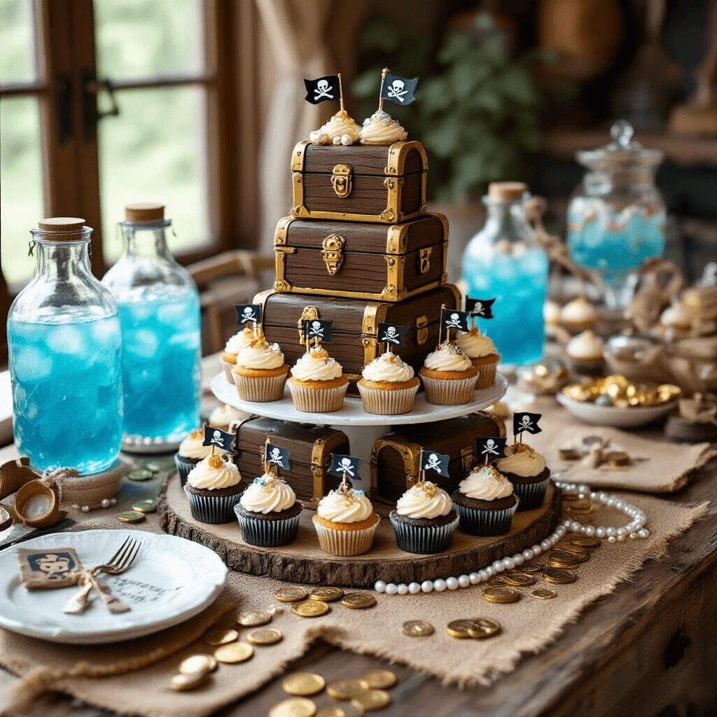 Arrr, Matey! Your Ultimate Guide to a Jaw-Dropping Pirate Birthday Party Overhead view of a pirate-themed dessert table featuring a tiered cake designed like treasure chests, decorated cupcakes with pirate flag toppers, scattered doubloons and pearls, and blue punch in glass bottles, set against rustic wood and burlap with white dinnerware, eye patches, miniature spyglasses, and treasure maps. Natural light enhances the glittering details.