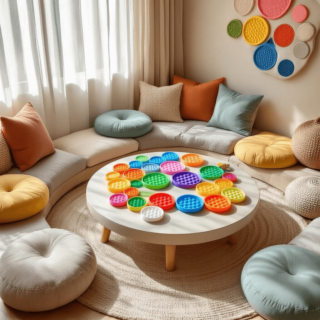 Pop It Birthday Party: The Ultimate Sensory Celebration Guide Overhead view of a cozy living room corner featuring a round low table filled with colorful silicone Pop It toys, surrounded by plush floor cushions, with natural light filtering through sheer curtains and a DIY sensory wall in the background.