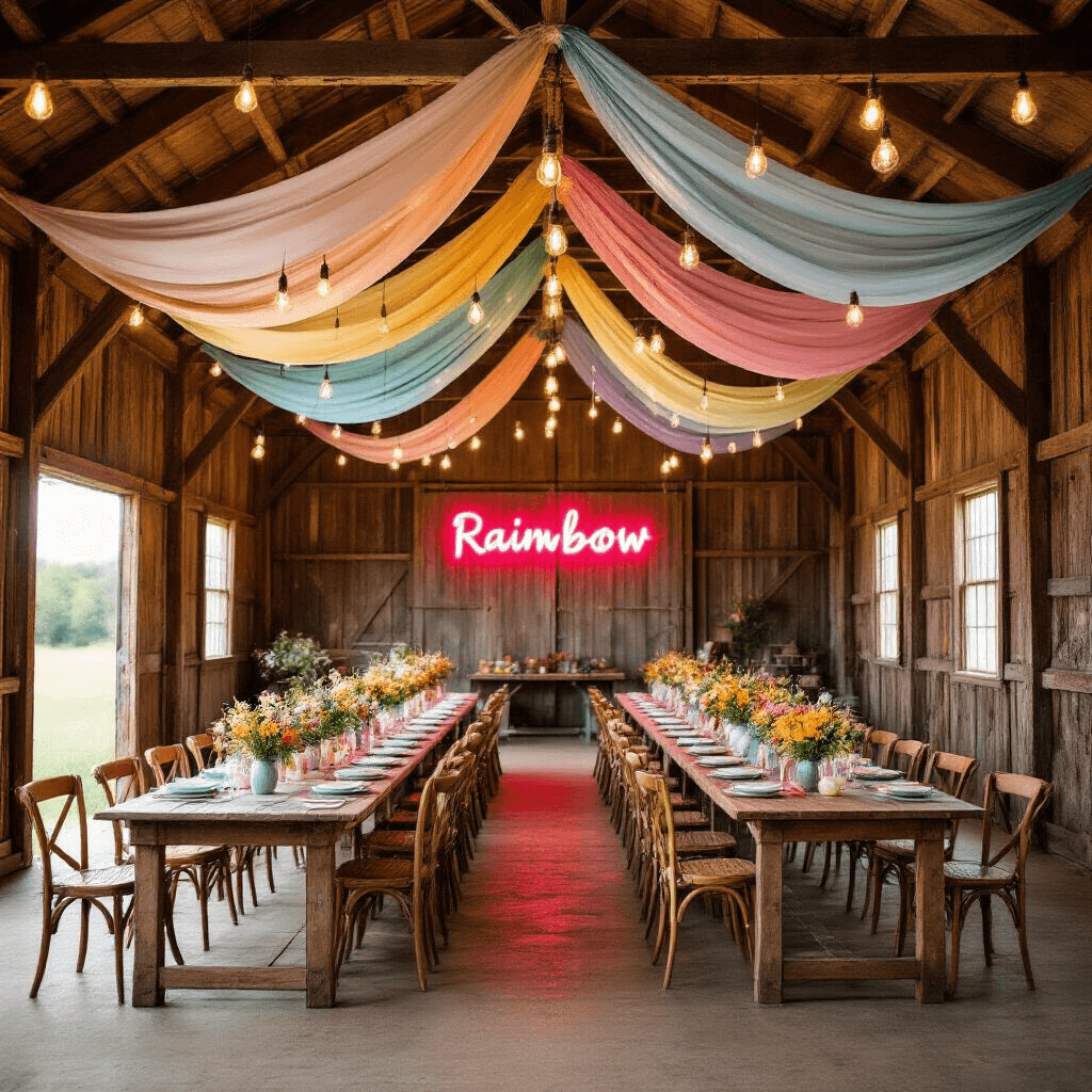 Rainbow Birthday Party: The Ultimate Guide to Creating a Vibrant Celebration A whimsical rainbow celebration inside a rustic barn, featuring soaring wooden beams draped in pastel fabrics, Edison bulb lighting, long farm tables with mismatched vintage china, wildflower centerpieces in mason jars, and a DIY photo booth with a neon rainbow sign, as guests mingle in warm, golden light.