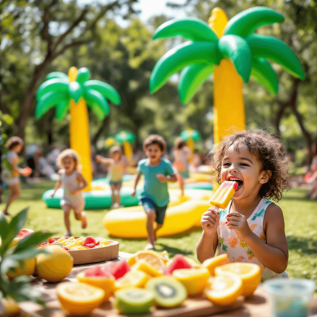 π‘ Popsicle Party Paradise: The Ultimate Summer Celebration Guide π A lively community park scene featuring a tropical-themed popsicle party, with children joyfully participating in a relay race among inflatable palm trees. In the foreground, a child delights in a colorful homemade popsicle, surrounded by bright decorations, lush greenery, and a fruit skewer bar overflowing with vibrant fruit slices.