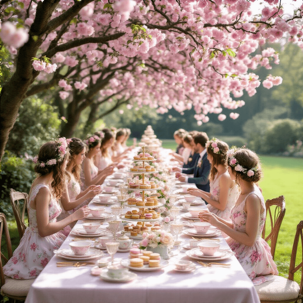 Splash-tastic Pool Birthday Party: The Ultimate Guide to Creating Unforgettable Memories A whimsical garden tea party under cherry blossom trees with vintage china, gold cutlery, and tiered cake stands filled with treats, accompanied by a classical string quartet and guests in floral attire, against a backdrop of soft morning light.