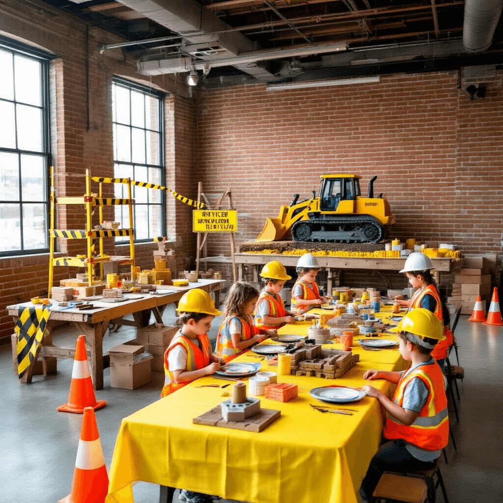 The Ultimate Playhouse Birthday Party: A Magical Celebration Guide An energetic indoor construction celebration in a modern loft, featuring faux brick walls and caution tape. Activity stations with child-sized tool benches and hard hats, bright yellow draped tables with manhole cover plate chargers, a tiered dessert display with a bulldozer cake, oversized traffic cones, and children in safety vests engaged in building projects.
