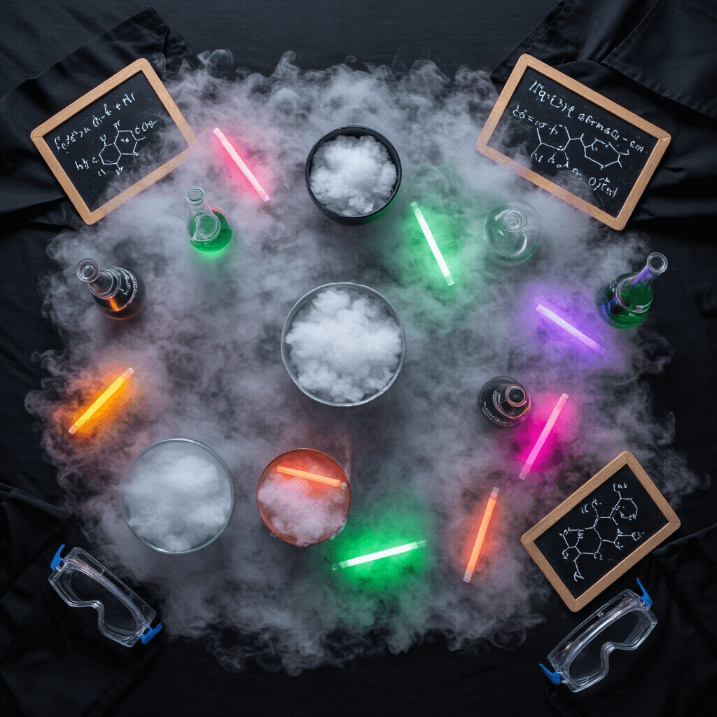 Epic Science Birthday Party: The Ultimate Guide to a Jaw-Dropping Experimental Celebration! Overhead view of a 'Dry Ice Magic' science setup featuring beakers and bowls filled with fog from dry ice on a black tablecloth, scattered neon glow sticks, small chalkboards with scientific drawings, and hints of lab coats and safety goggles at the edges.