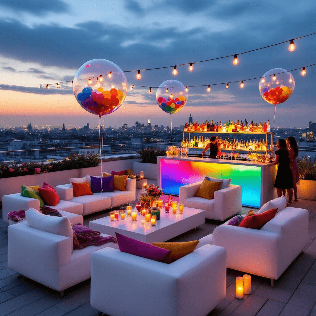 Rainbow Birthday Party: The Ultimate Guide to Creating a Vibrant Celebration Overhead view of a modern rooftop terrace cocktail party at twilight, featuring sleek white furniture with colorful accents, a bar displaying rainbow cocktails, confetti-filled balloons, and festive string lights, with city lights in the background.