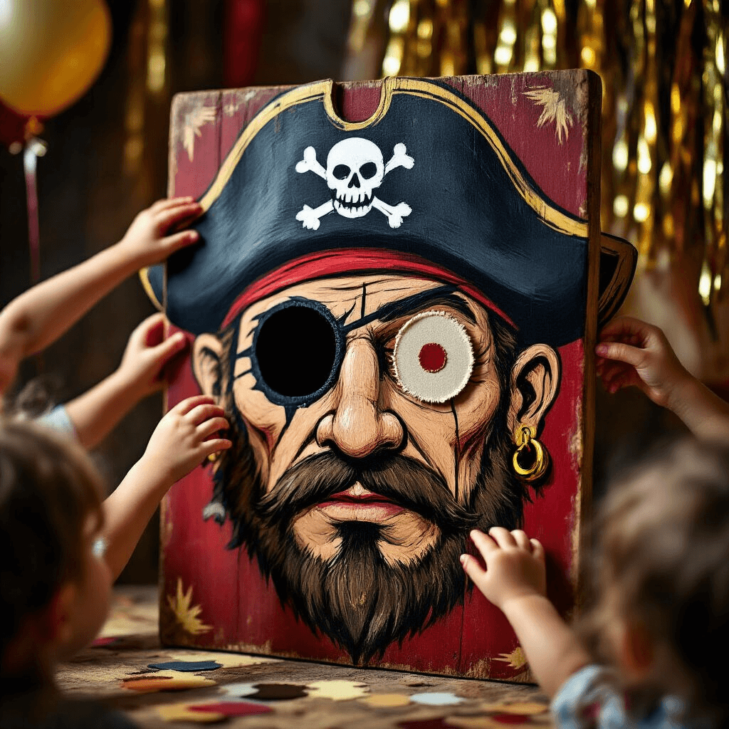 Arrr, Matey! Your Ultimate Guide to a Jaw-Dropping Pirate Birthday Party Close-up of a whimsical 'Pin the Patch on the Pirate' game in progress, featuring a hand-painted wooden pirate face with an empty eye socket, as children's hands reach to place velcro eye patches. The scene is illuminated by dramatic side lighting, highlighting rich colors and textures, with a soft focus background of balloon 'cannonballs' and shimmering gold streamers.