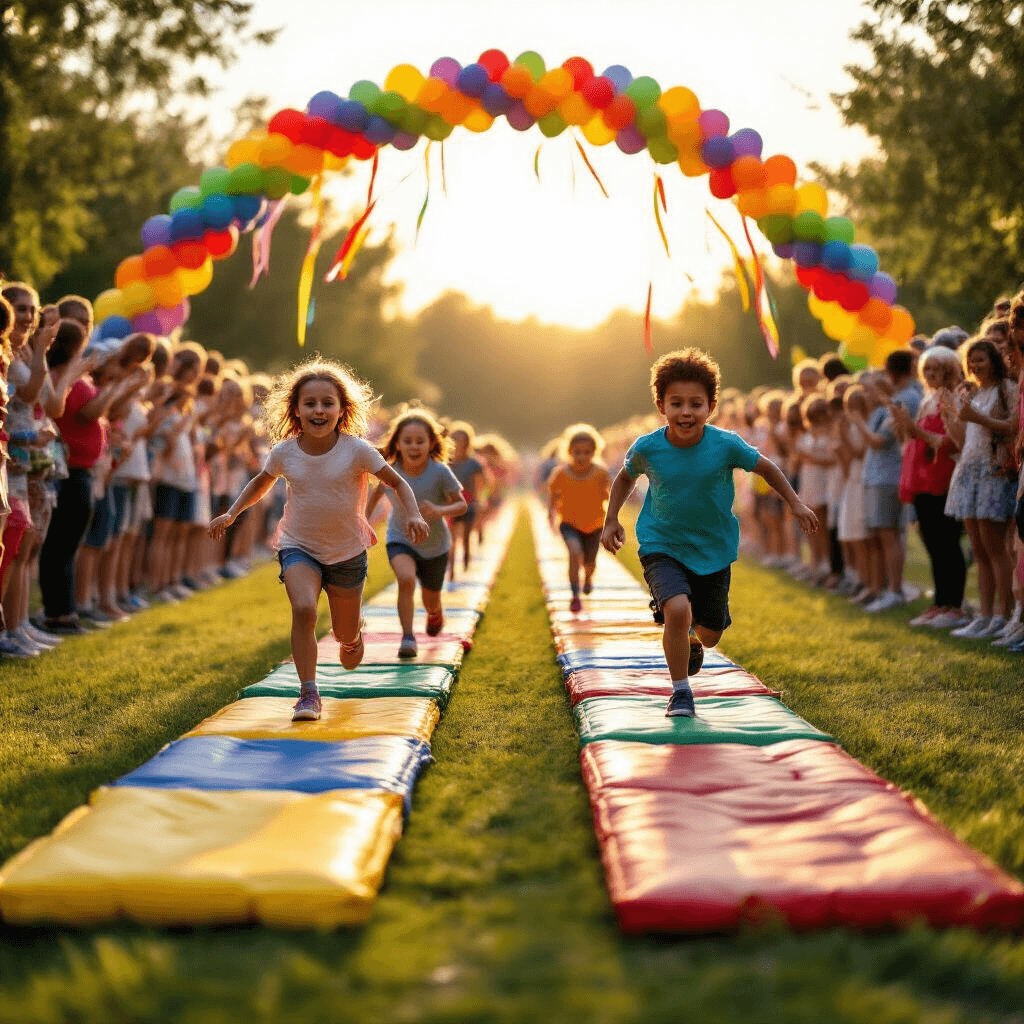 Pop It Birthday Party: The Ultimate Sensory Celebration Guide A cinematic wide shot of a relay race featuring children competing at giant floor Pop Its on a grassy field, with cheering parents forming a corridor. Colorful party ribbons and balloon arches frame the scene, illuminated by warm golden hour lighting.