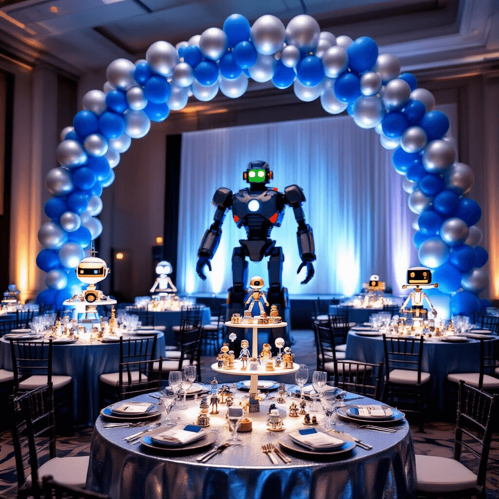 Robot Birthday Party: An Unforgettable Tech-Tastic Celebration for Young Innovators An indoor ballroom transformed into a robot-themed celebration, featuring soaring ceilings with silver and blue balloon arches, round tables with metallic linens and light-up robot centerpieces, a dessert cart with treats shaped like gears, and a large cardboard robot cutout in the background, all illuminated by soft LED uplights.