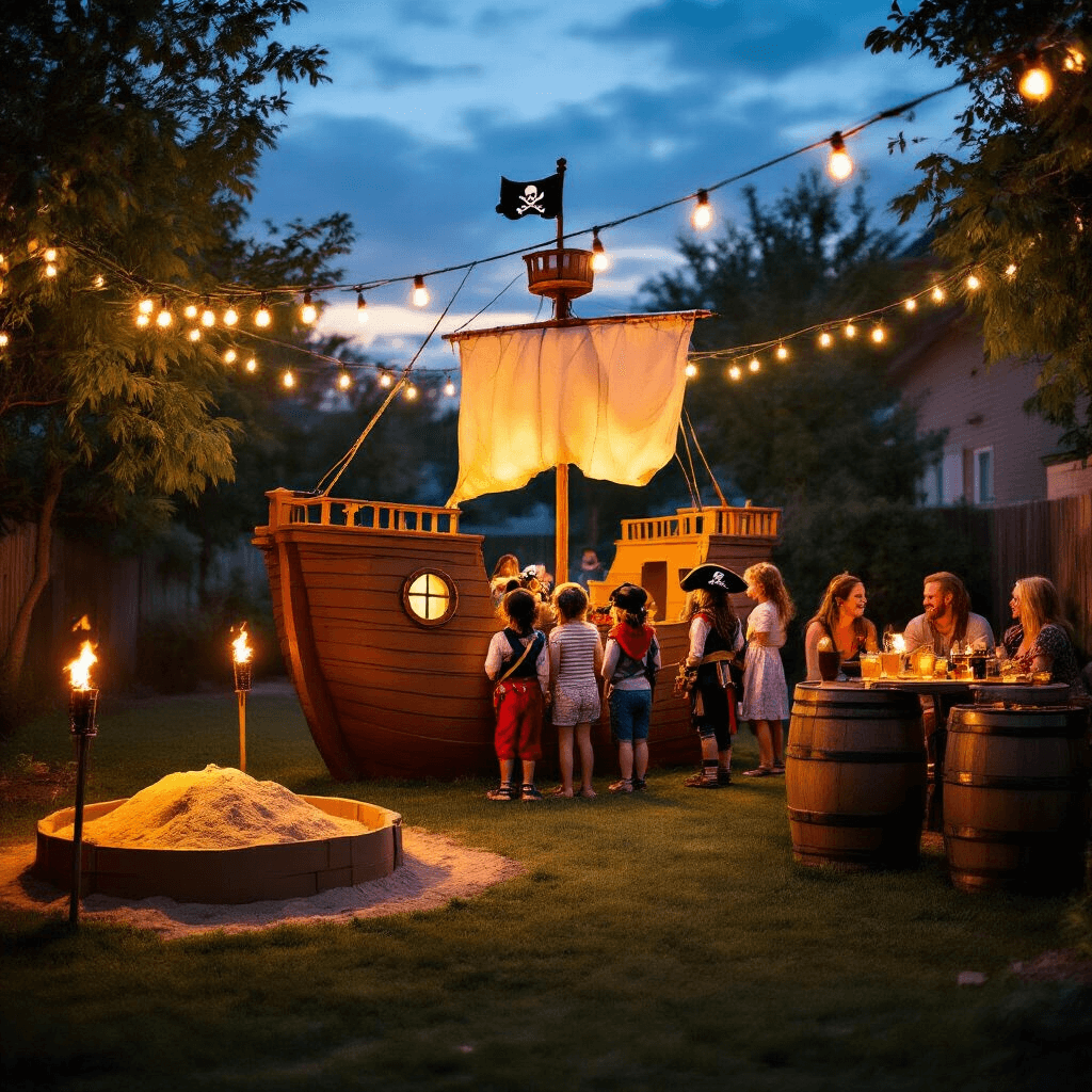Arrr, Matey! Your Ultimate Guide to a Jaw-Dropping Pirate Birthday Party A cinematic wide shot of a lively backyard pirate party at dusk, featuring children in pirate costumes lined up at a cardboard ship photo booth under string lights. A glowing 'treasure dig' sandbox with tiki torches is on the left, while adults engage around barrel tables on the right, all illuminated by warm orange and magical blue-hour light.
