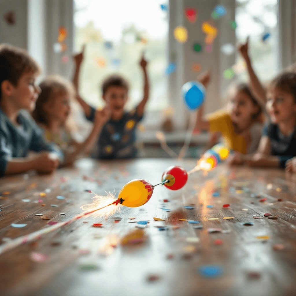 Epic Science Birthday Party: The Ultimate Guide to a Jaw-Dropping Experimental Celebration! Detail shot of the 'Balloon Rocket Race' featuring two colorful balloons attached to straws sliding along a taut string, with blurred children cheering in the background and festive confetti and streamers in primary colors, all illuminated by soft, natural light.