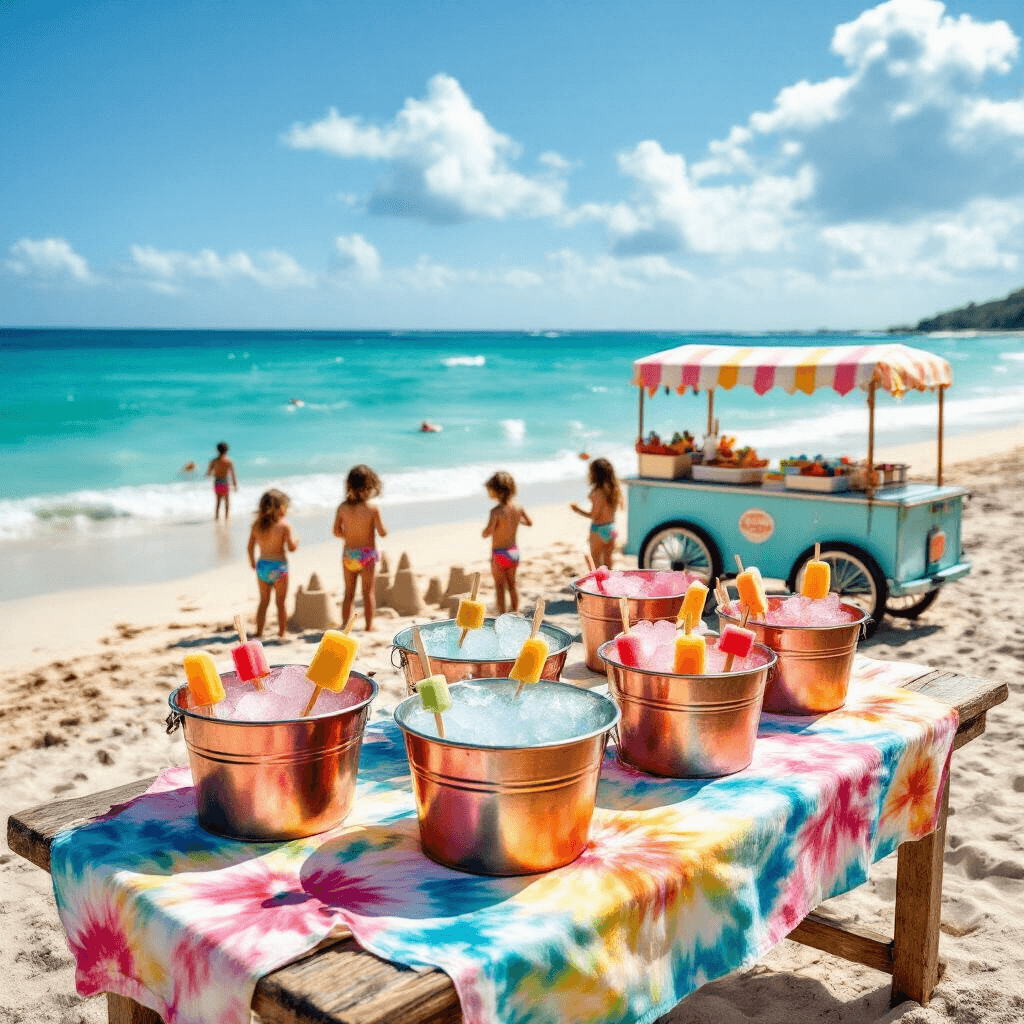π‘ Popsicle Party Paradise: The Ultimate Summer Celebration Guide π A vibrant beachfront popsicle party featuring tropical fruit popsicles in ice-filled copper tubs on a rustic wooden table, surrounded by children building sandcastles and a vintage ice cream cart, set against turquoise waves and golden sand.