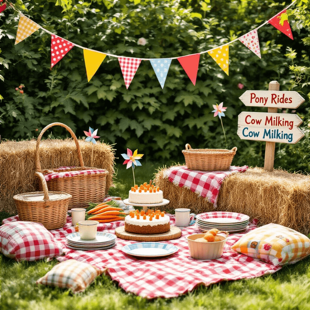 Magical Pony Birthday Party: A Complete Guide to Creating Unforgettable Childhood Memories A vibrant farmyard birthday picnic setup featuring gingham blankets, woven baskets, and colorful enamelware plates, with a homemade carrot cake at the center. Surrounding hay bale seating is adorned with quilts, and whimsical DIY pinwheels and paper flowers. A painted wooden sign directs to activity stations like 'Pony Rides' and 'Cow Milking', with bold bunting strung across lush green foliage.