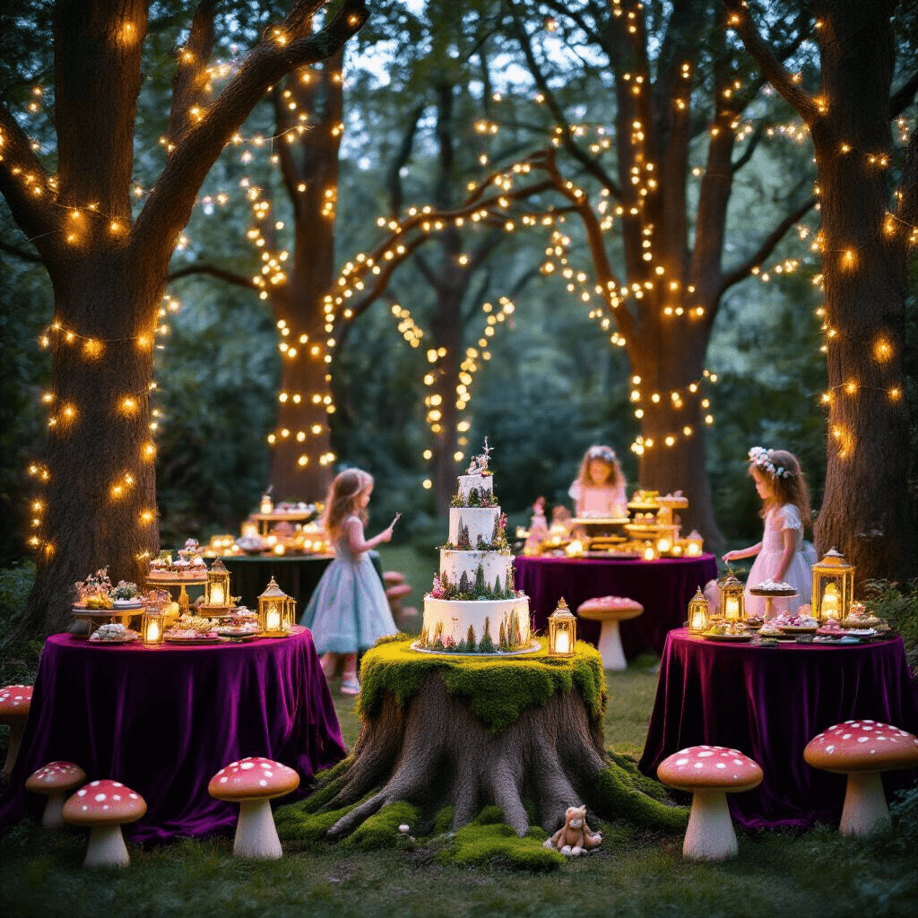 The Ultimate Playhouse Birthday Party: A Magical Celebration Guide An enchanted twilight party in a stylish backyard featuring faux trees with fairy lights, vintage tables draped in jewel-toned velvet, a dessert table resembling a tree stump, and whimsical children in costumes exploring the magical scene filled with toadstools and playful forest creatures.