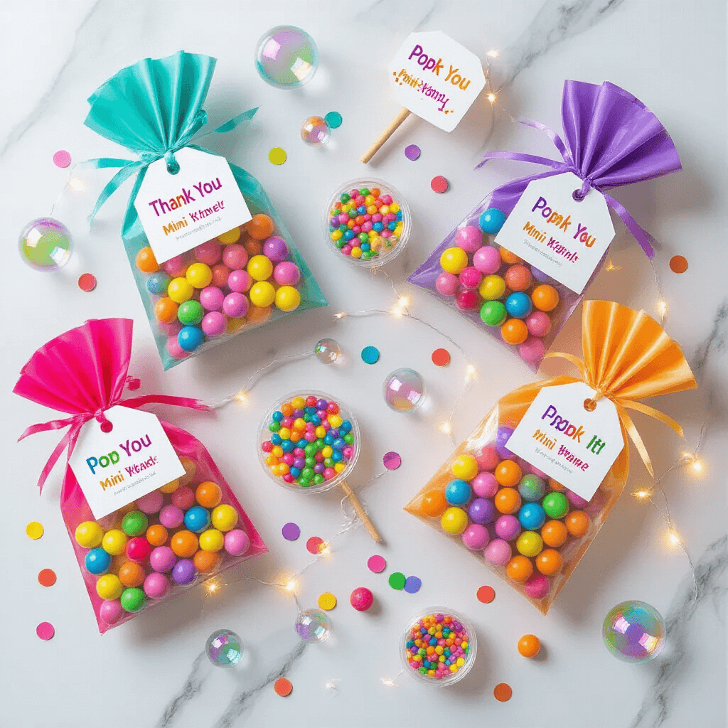 Pop It Birthday Party: The Ultimate Sensory Celebration Guide Flat lay of a colorful Pop It party favor arrangement on a marble surface, featuring personalized gift bags with mini Pop It toys, bubble wands, and rainbow candies, tagged with custom thank you notes. Scattered confetti, LED string lights, and decorative acrylic bubbles enhance the festive atmosphere.