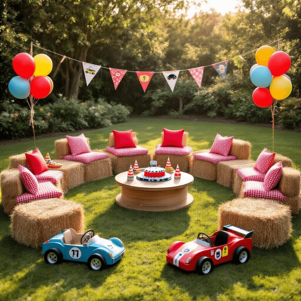 Race Car Birthday Party: The Ultimate Guide to a High-Octane Celebration A whimsical toddler's race car birthday garden party featuring hay bales with red gingham cushions, a wooden spool table with a race track cake, themed snacks in traffic cone cones, colorful cardboard race cars, car-shaped balloon bouquets, and a clothesline of racing flags and decorated onesies.