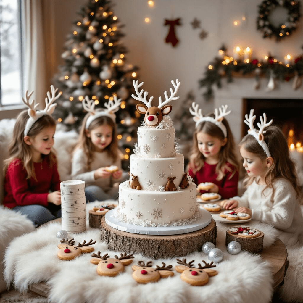 A Magical Reindeer Birthday Party: Winter Wonderland Celebration Guide A cozy living room transformed into a whimsical winter wonderland for a reindeer-themed birthday party, featuring a dessert table with a tiered cake, DIY birch log centerpieces, and children in reindeer antler headbands decorating cookies amidst warm lighting and festive decor.