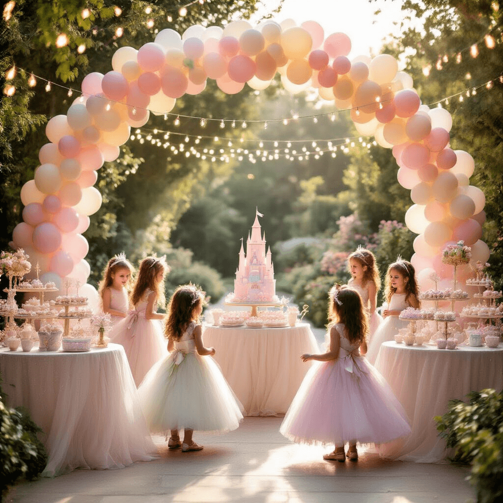 Magical Princess Birthday Party: Your Ultimate Guide to Royally Awesome Celebrations A magical princess garden party with pastel balloon arch, tulle table skirts, twinkling lights, a dessert cart with cupcakes and a castle cake, and little girls in shimmering gowns dancing.