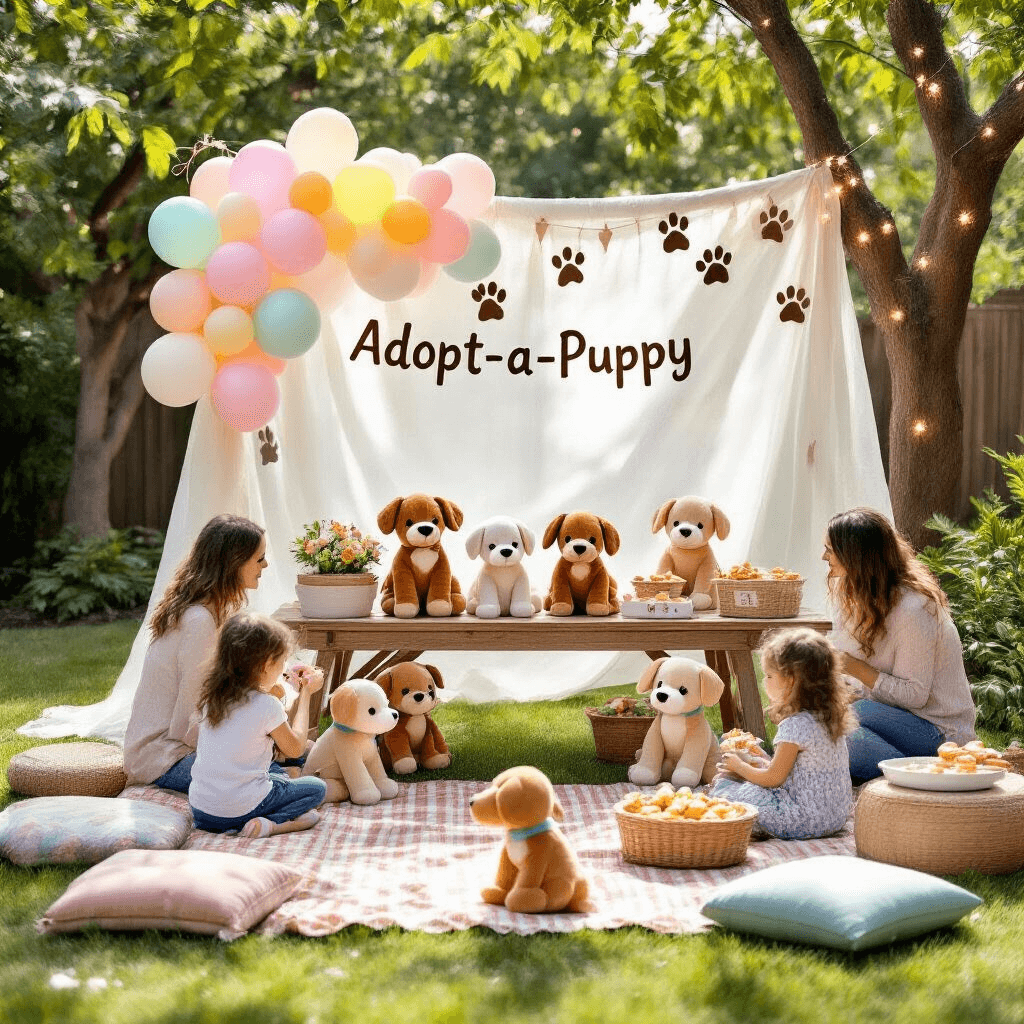 Puppy Birthday Party: The Ultimate Guide to Throwing a Tail-Wagging Celebration A whimsical puppy-themed birthday party in a sun-drenched backyard, featuring an 'Adopt-a-Puppy' station with pastel balloons, a rustic table of plush puppies, picnic blankets, colorful floor cushions, and twinkling fairy lights strung between trees, as excited children choose their puppies and parents socialize nearby.