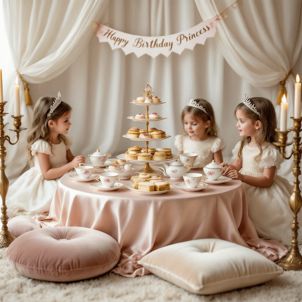 Magical Princess Birthday Party: Your Ultimate Guide to Royally Awesome Celebrations An inviting living room set up for a cozy princess tea party, featuring a low table draped in blush pink silk, plush cream and gold floor cushions, floral china teacups, tiered stands of delicacies, sheer white curtains, a 'Happy Birthday Princess' banner, and flickering candlelight from ornate candelabras, with little guests in royal attire.