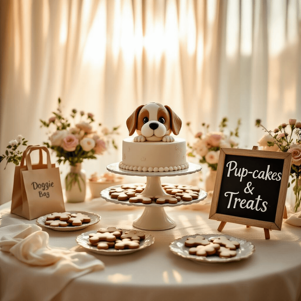 Puppy Birthday Party: The Ultimate Guide to Throwing a Tail-Wagging Celebration An intimate close-up of a puppy-themed cake table illuminated by warm golden hour light, featuring a tiered puppy-face cake, bone and paw print cookies on vintage plates, pastel flower arrangements, cream and blush linen tablecloths, personalized doggie bags, and a hand-lettered chalkboard sign reading 'Pup-cakes & Treats'.