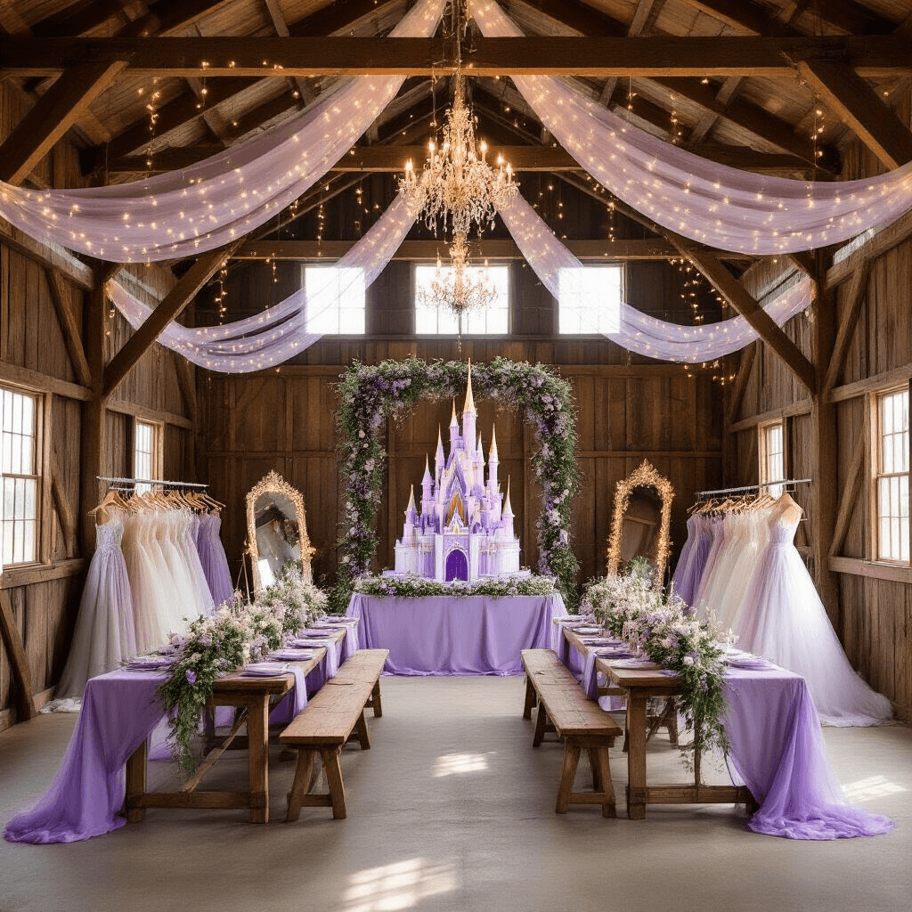 Magical Princess Birthday Party: Your Ultimate Guide to Royally Awesome Celebrations A magical barn interior set for a princess celebration, featuring long wooden tables with lavender linens and floral garlands, twinkling fairy lights, a dress-up station with sparkling gowns, and a towering cake resembling a fairytale castle, all illuminated by streaming sunlight.